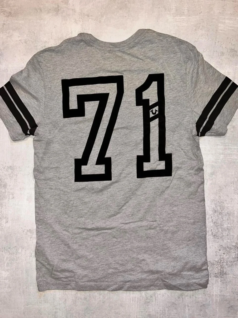 Rare True Religion Heather Gray Tee with Black Logo and Sleeve Stripes